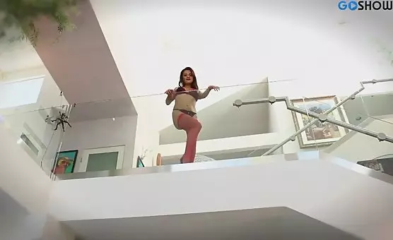 Hairy Brunette in Fishnet Tights Sucks Cock with Legs Apart